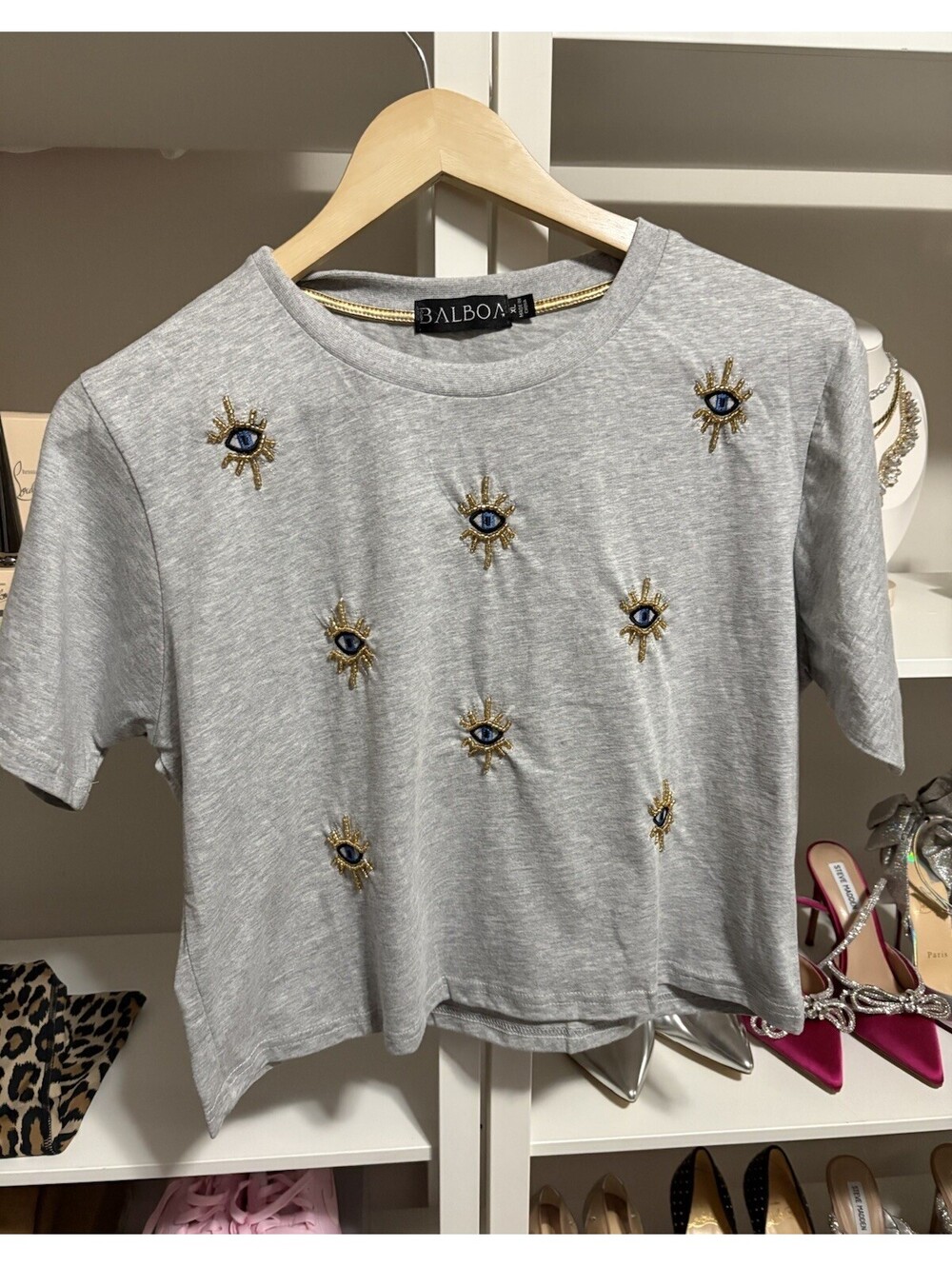 Balboa Women’s Gray Cropped Crew Neck Short Sleeve Tee Beaded Evil Eye